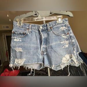 High waisted, distressed jeans, light wash Levi denim, size width 30 length 32
